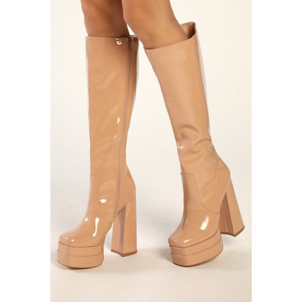 Brunay Light Nude Square Toe Platform Knee-High Boots 7.5 Vegan Leather